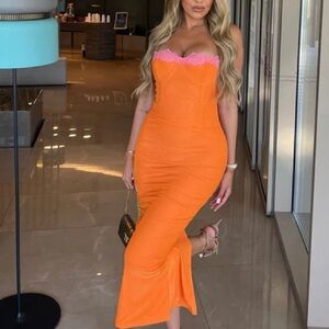 Orange Strapless Dress with Pink Lace Trim